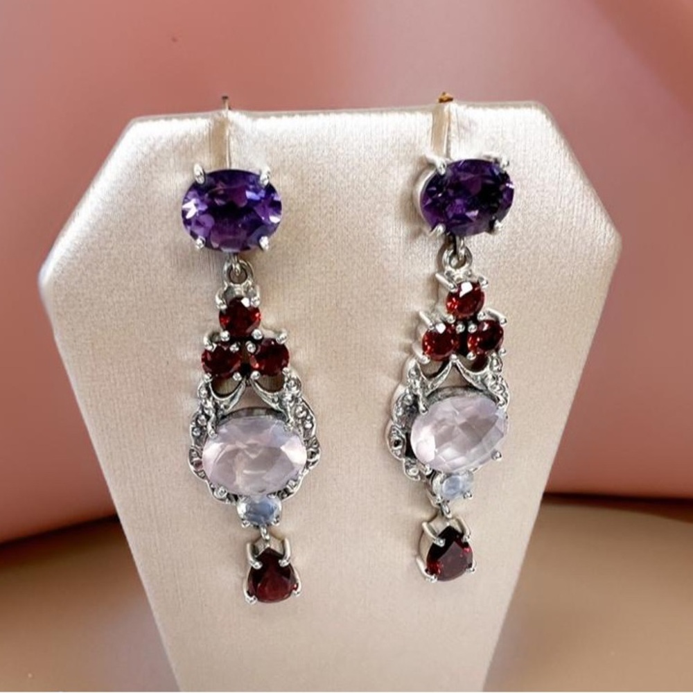 🌟NICKY BUTLER 925 Sterling Silver Rose Quartz Garnet Moonstone Drop Earr… - Picture 3 of 11